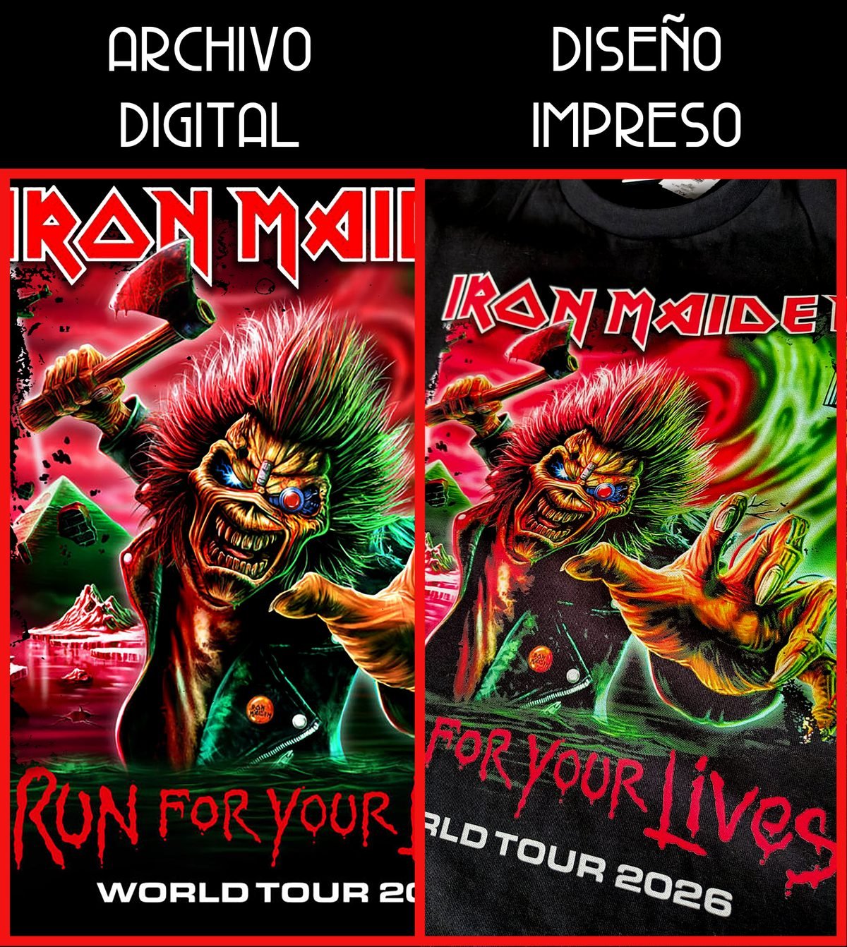Comparación entre el archivo digital de un diseño y el mismo diseño ya estampado en una prenda por Rebel Hoodies